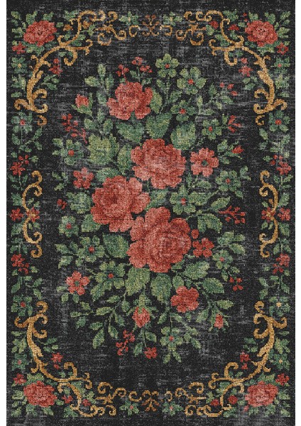 Floral ve Karabağ Figürlü Kırmızı Siyah Renkli Çiçek Desenli Bloom