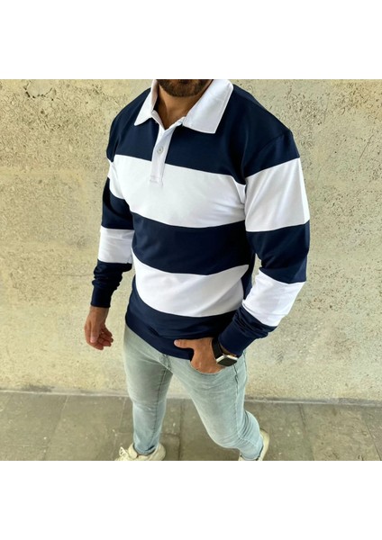 Erkek Polo Yaka Uzun Kollu Çizgili Sweatshirt Trend Rugby Stil - Lacivert modelleri