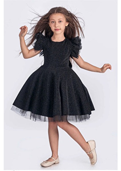 Kız Çocuk Abiye Elbise Kısa Kol Tül Detaylı Simli Düğün ve Parti İçin indirimleri