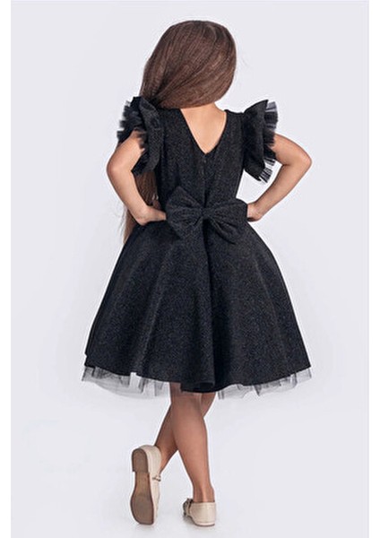 Kız Çocuk Abiye Elbise Kısa Kol Tül Detaylı Simli Düğün ve Parti İçin