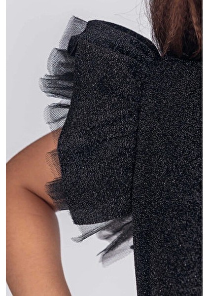 Kız Çocuk Abiye Elbise Kısa Kol Tül Detaylı Simli Düğün ve Parti İçin