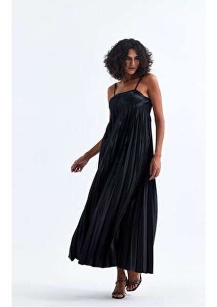 Kaplı Ayarlanabilir Askılı Piliseli Abiye Uzun Saten Elbise - ELB35410