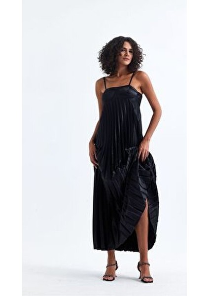 Kaplı Ayarlanabilir Askılı Piliseli Abiye Uzun Saten Elbise - ELB35410