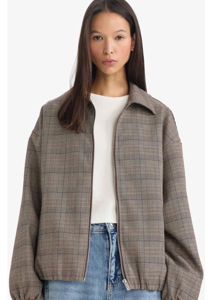 Fermuarlı Kareli Tafta Ceket G2872AX25WN