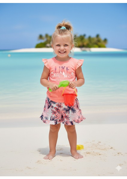 Kız Çocuk Şortlutakım Şortu ve Kolu Fırfırlı Kreş %100 Pamuk Rahat Tarz Tasarım Premium, Mercan