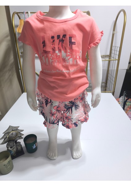 Kız Çocuk Şortlutakım Şortu ve Kolu Fırfırlı Kreş %100 Pamuk Rahat Tarz Tasarım Premium, Mercan fiyatları