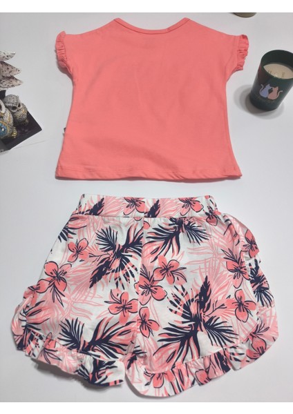 Kız Çocuk Şortlutakım Şortu ve Kolu Fırfırlı Kreş %100 Pamuk Rahat Tarz Tasarım Premium, Mercan fırsatları