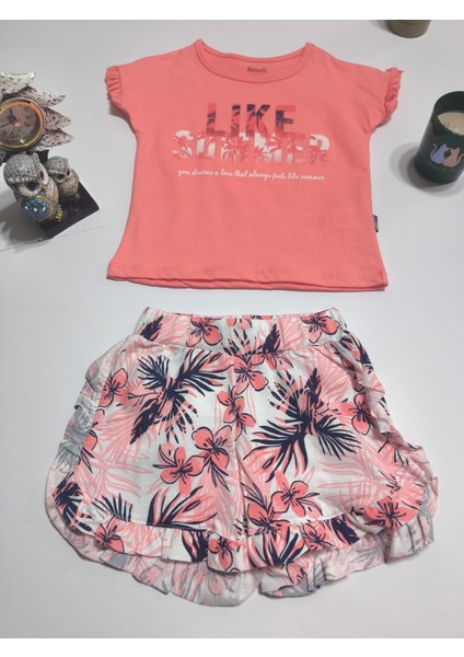 Kız Çocuk Şortlutakım Şortu ve Kolu Fırfırlı Kreş %100 Pamuk Rahat Tarz Tasarım Premium, Mercan