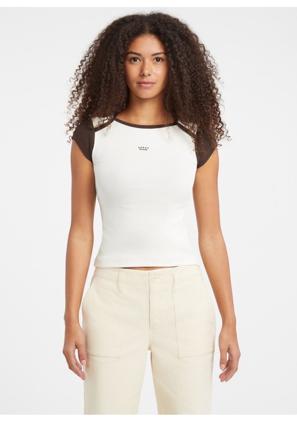 Kayık Yaka Baskılı Krem Kadın T-Shirt Guess Jeans Kadın Top fiyatları