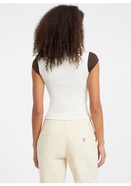 Kayık Yaka Baskılı Krem Kadın T-Shirt Guess Jeans Kadın Top fırsatları