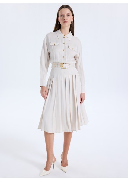 Gömlek Yaka Düz Krem Uzun Kadın Elbise Anita Kadın Elbise modelleri