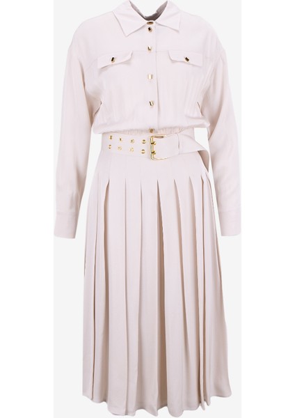 Gömlek Yaka Düz Krem Uzun Kadın Elbise Anita Kadın Elbise