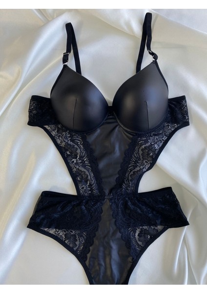Beyaz Gelincik Underwear Kadın Dantelli Siyah Deri Transparan Çıtçıtlı Sütyenli Body Bodysuit Fantezi Iç Çamaşır fiyatları