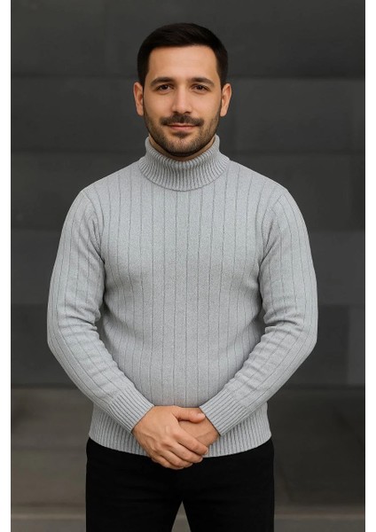 Erkek Balıkcı Yaka Bağazlı Triko Kazak Pamuklu Kalın Fitilli Dokuma, Regular Fit Uzun Kollu Kışlık Model - Gri