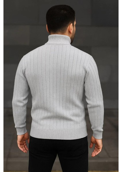 Erkek Balıkcı Yaka Bağazlı Triko Kazak Pamuklu Kalın Fitilli Dokuma, Regular Fit Uzun Kollu Kışlık Model - Gri modelleri