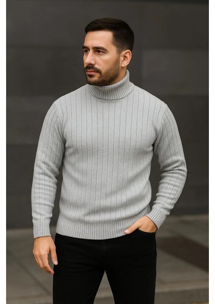 Erkek Balıkcı Yaka Bağazlı Triko Kazak Pamuklu Kalın Fitilli Dokuma, Regular Fit Uzun Kollu Kışlık Model - Gri fırsatları
