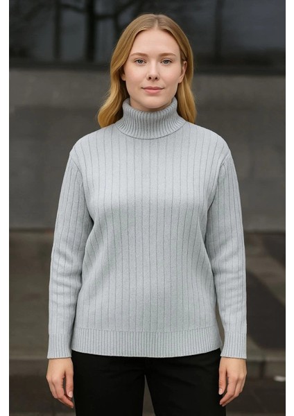 Balıkcı Yaka Bağazlı Triko Kazak Pamuklu Kalın Fitilli Dokuma - Gri modelleri