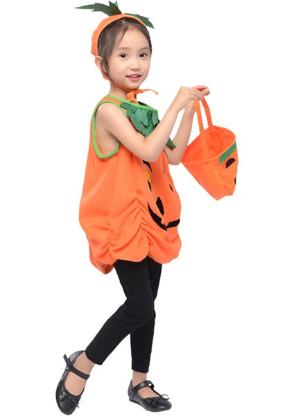2023 Çocuklar Için Cadılar Bayramı Kostümü, Kızlar Için Balkabağı Kostümü, Çocuk Elbise Seti, Kafa Bandı ve Balkabağı Çantası (Yurt Dışından)