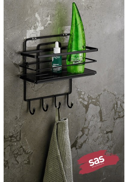 4 Kancalı Yapışkanlı Ayarlanabilir Banyo Duş Rafı – Paslanmaz Kristal Şampuanlık (Yapıştır/vidala) Siyah - Lş-01 - Sssk