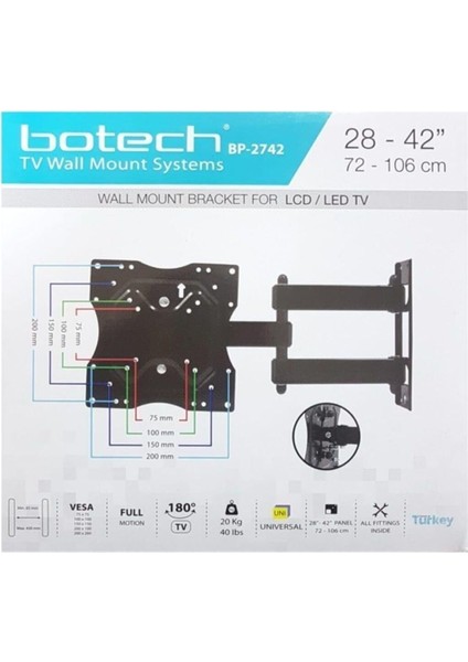 Botech BPT2742 BPT-2742 Tv Hareketli Askı Aparatı, Siyah