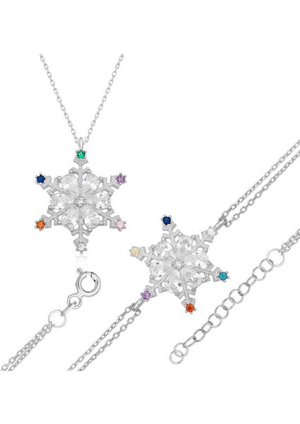 925 Ayar Gümüş Renkli Taşlı Kar Tanesi Kadın Set T7101 (800800)