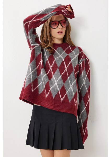 Baklava Desenli Oversize Triko Kazak LFN0129 Bordo Gri fiyatları