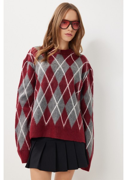 Baklava Desenli Oversize Triko Kazak LFN0129 Bordo Gri modelleri