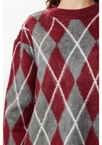 Baklava Desenli Oversize Triko Kazak LFN0129 Bordo Gri fırsatları