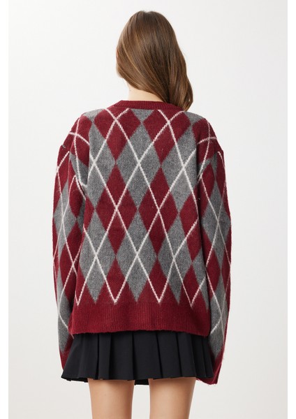 Baklava Desenli Oversize Triko Kazak LFN0129 Bordo Gri indirimleri