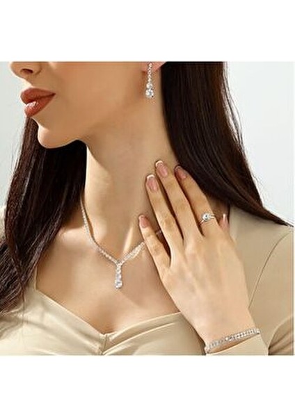 Gümüş Kaplama Düğün Takı Seti Zarif Tasarım 4 Parça Kadın Bijuteri fırsatları