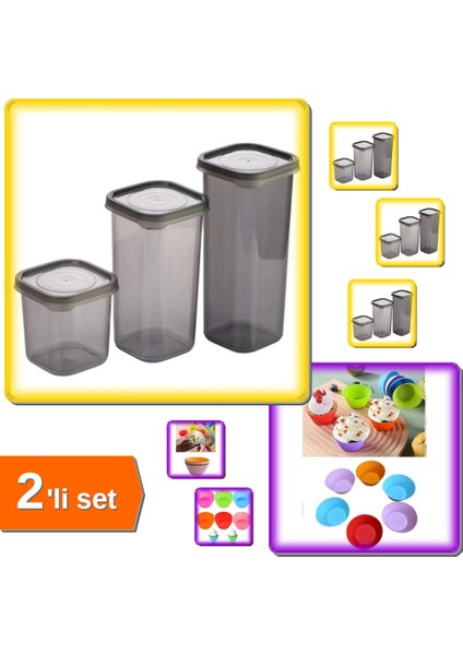 6 Adet Renkli Yıkanabilir Muffin + 3 Boy Kapaklı Plastik Kare Kavanoz - 2li Set G7H8I9