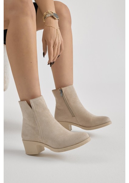 Kadın Bej Süet Termo Taban Fermuarlı Topuklu Bot
