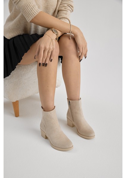 Kadın Bej Süet Termo Taban Fermuarlı Topuklu Bot modelleri