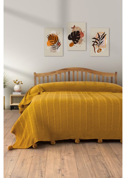 Çift Kişilik Ponponlu Triko Örme Battaniye - Yumuşak Doku & Şık Tasarım - Hardal - 220X240 cm