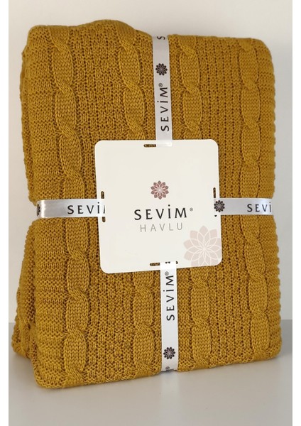 Çift Kişilik Ponponlu Triko Örme Battaniye - Yumuşak Doku & Şık Tasarım - Hardal - 220X240 cm modelleri