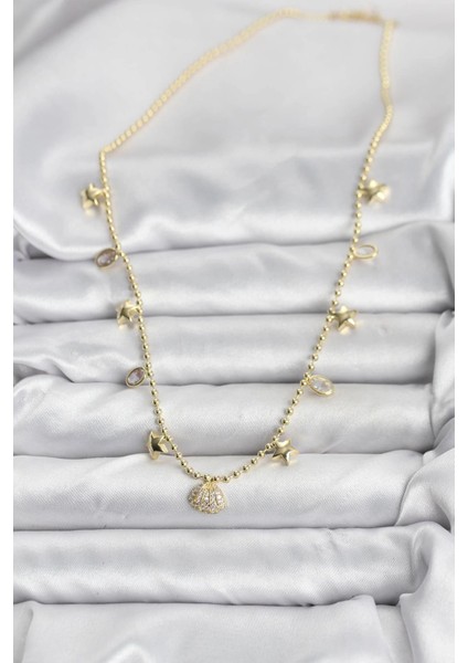 Bfs Pirinç Gold Renk Zirkon Taşlı Deniz Kabuğu Model Kadın Kolye fiyatları