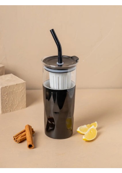 H2O 5'i 1 Yerde Çelik Pipetli Cam Detox Kupa Temizleyici Hediyeli 650 ml