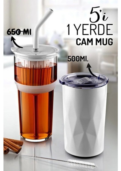 H2O 5'i 1 Yerde Çelik Pipetli Cam Detox Kupa Temizleyici Hediyeli 650 ml fırsatları
