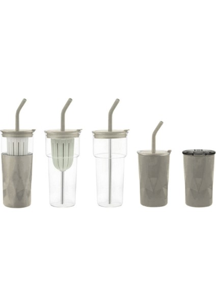 H2O 5'i 1 Yerde Çelik Pipetli Cam Detox Kupa Temizleyici Hediyeli 650 ml