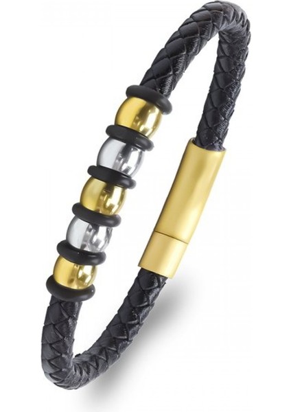 Orijinal Deri ve 316L Altın Tonlu Çelik Erkek Bileklik 9594B21D2