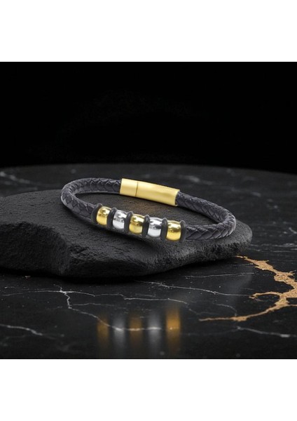 Orijinal Deri ve 316L Altın Tonlu Çelik Erkek Bileklik 9594B21D2 modelleri