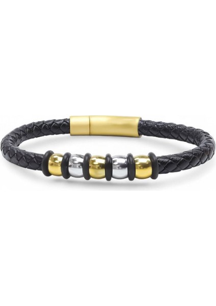 Orijinal Deri ve 316L Altın Tonlu Çelik Erkek Bileklik 9594B21D2 indirimleri