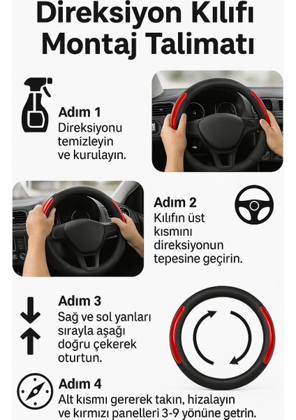 Ford Kuga 2008-2012 Geçmeli Direksiyon Kılıfı Delikli Siyah Kırmızı Deri