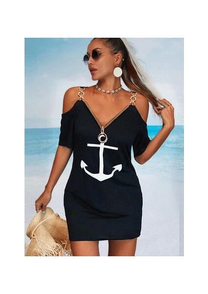 Fermuar Detay Çıpa Baskılı Zincir Askılı Viskon Elbise fiyatları