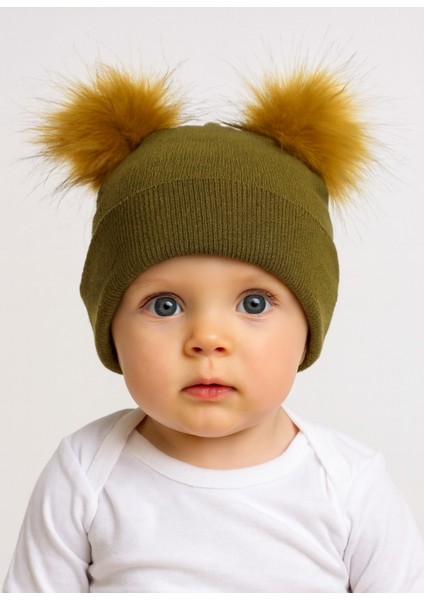 Kız Bebek Çift Ponponlu Triko Bere Standart 0-3 Yaş