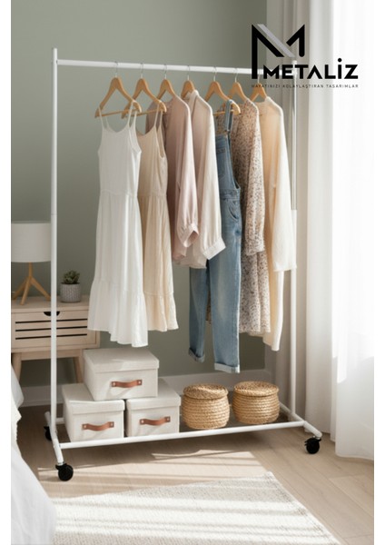 Beyaz Pratik Tekerlekli Konfeksiyon Askısı - Kıyafet Standı ve Organizer