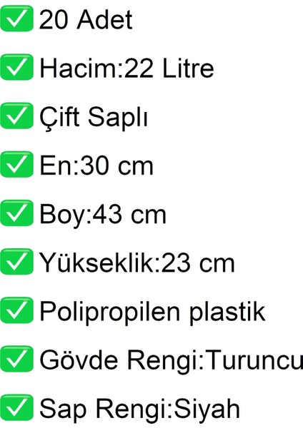 Plastik Market Alışveriş El Sepeti 22 Litre Turuncu 20 Adet fiyatları