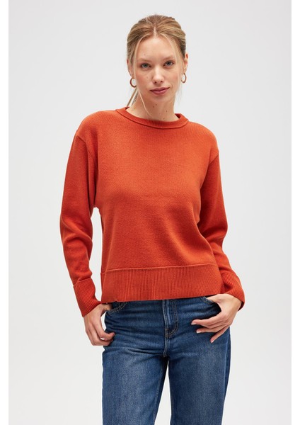 Risu, Düz Örgü Kadın Mevsimlik Triko Bisiklet Yaka Kazak - Turuncu