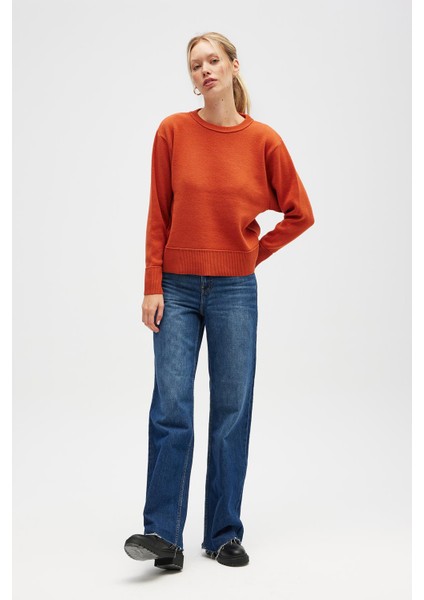 Risu, Düz Örgü Kadın Mevsimlik Triko Bisiklet Yaka Kazak - Turuncu fırsatları