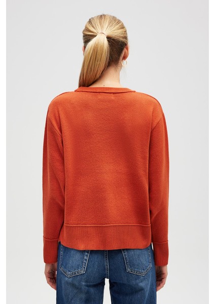 Risu, Düz Örgü Kadın Mevsimlik Triko Bisiklet Yaka Kazak - Turuncu